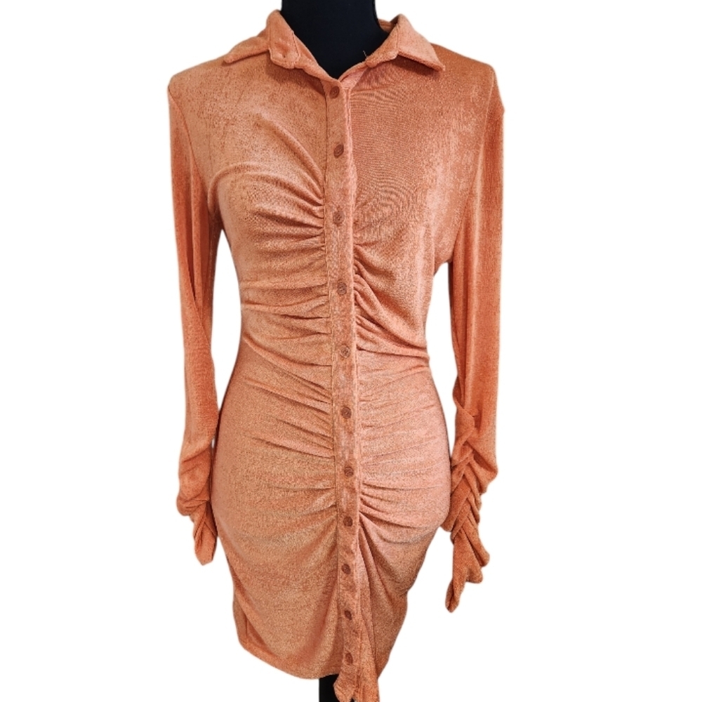 CLUB L ruched shirt mini dress buttons orange size 6